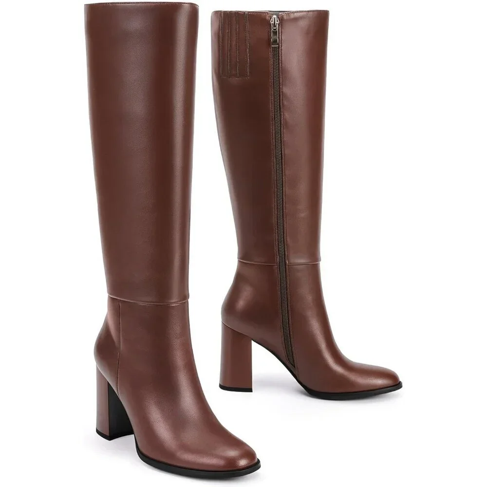 Women's Brown Knee High Boots Round Toe Side Zip Chunky Heel Boots Rubber
